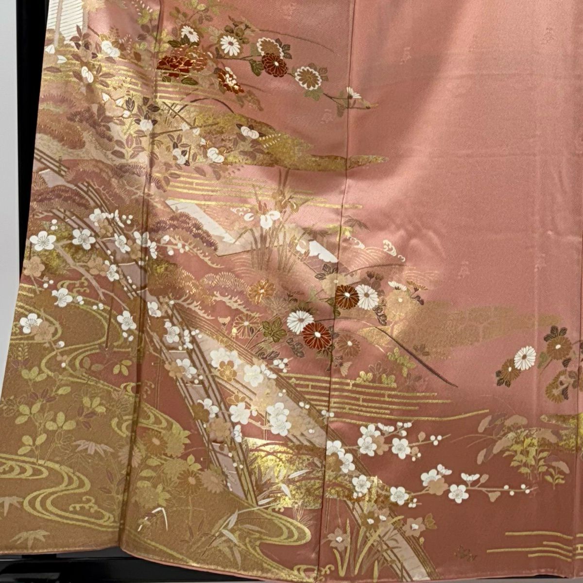訪問服 身長160.5cm 袖長66cm M 雙層 草花紋紋 橋 金彩裝飾 漸層 粉紅 純蠶絲 秀品級