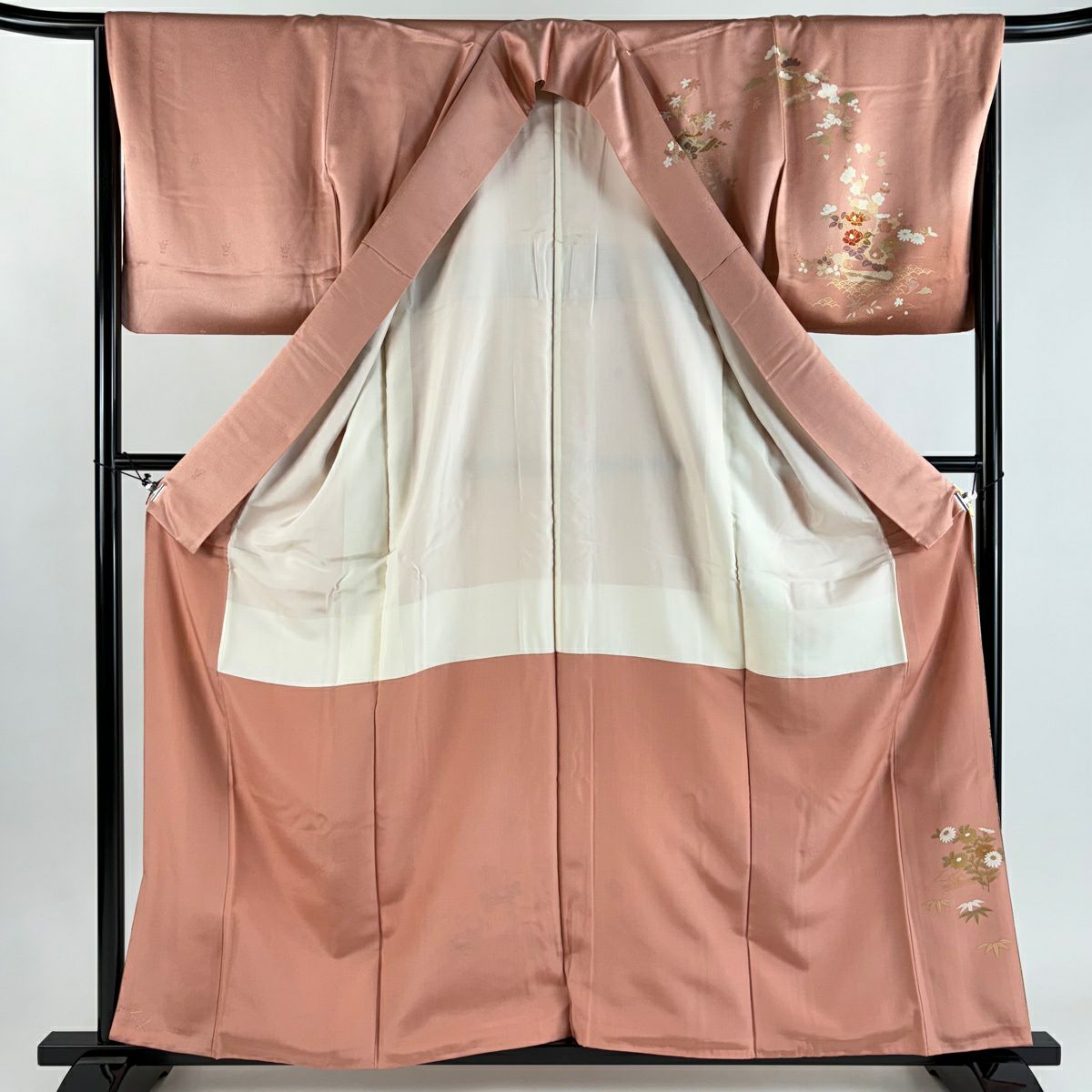訪問服 身長160.5cm 袖長66cm M 雙層 草花紋紋 橋 金彩裝飾 漸層 粉紅 純蠶絲 秀品級