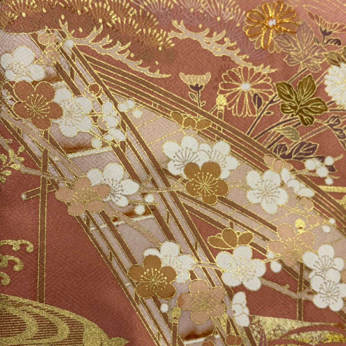 訪問服 身長160.5cm 袖長66cm M 雙層 草花紋紋 橋 金彩裝飾 漸層 粉紅 純蠶絲 秀品級