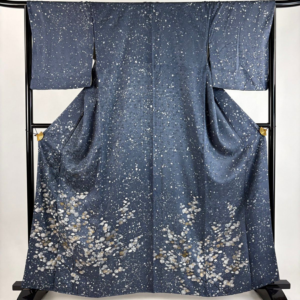 付下 身長163cm 袖長65.5cm M 雙層 枝花地紋 金銀彩 青灰 純蠶絲 秀品級