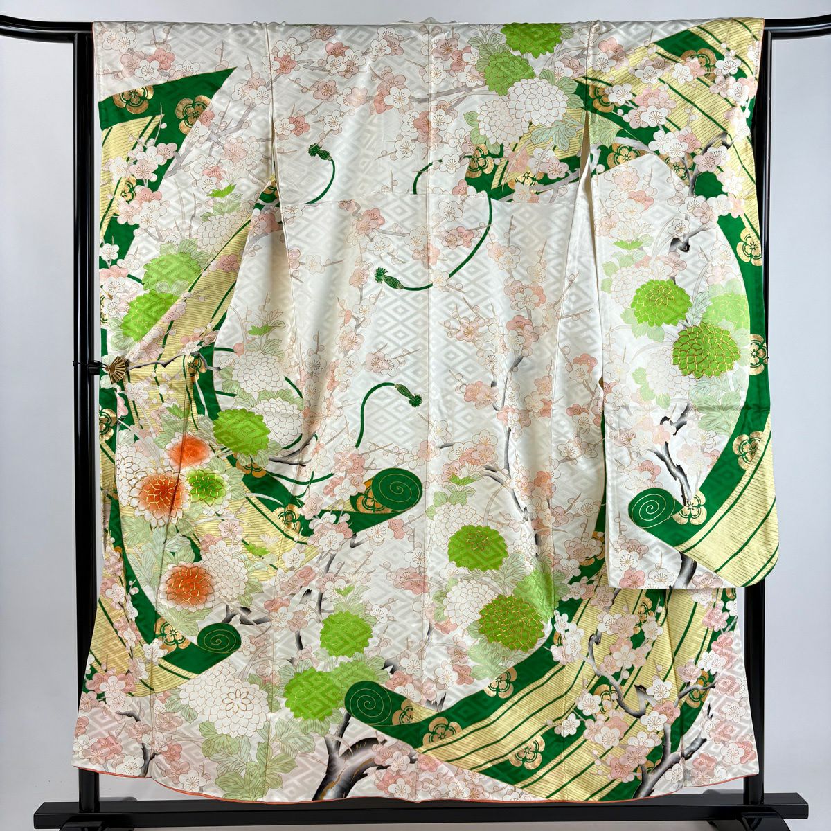 振袖禮服 身長155cm 袖長63.5cm S 雙層 菊花 枝梅花 金絲 金銀彩 奶油色 純蠶絲 優品級