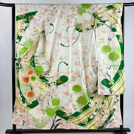 振袖禮服 身長155cm 袖長63.5cm S 雙層 菊花 枝梅花 金絲 金銀彩 奶油色 純蠶絲 優品級