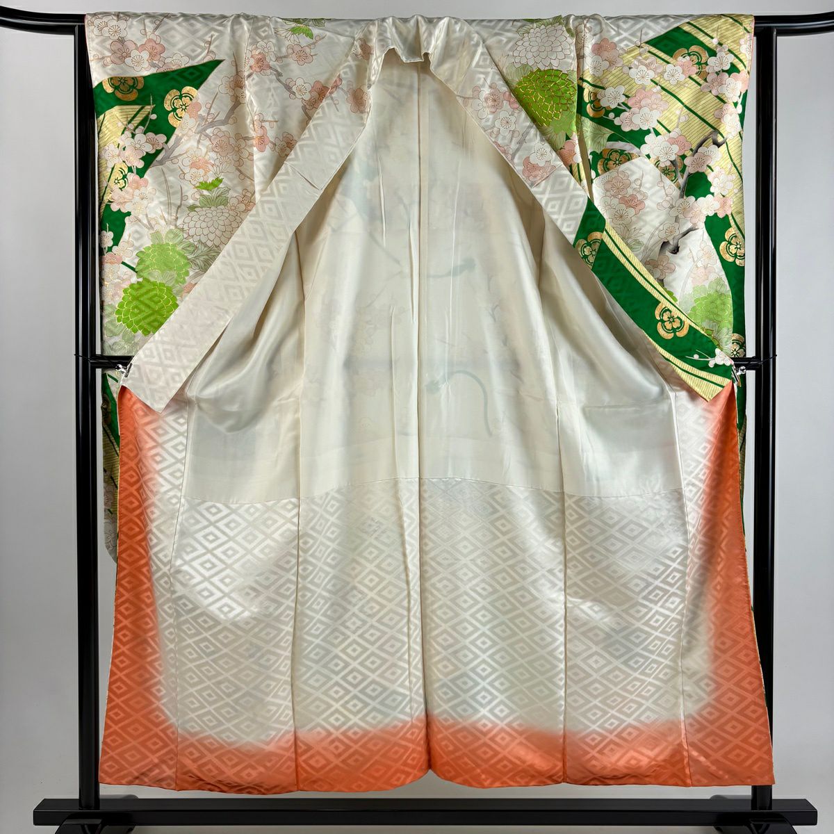 振袖禮服 身長155cm 袖長63.5cm S 雙層 菊花 枝梅花 金絲 金銀彩 奶油色 純蠶絲 優品級