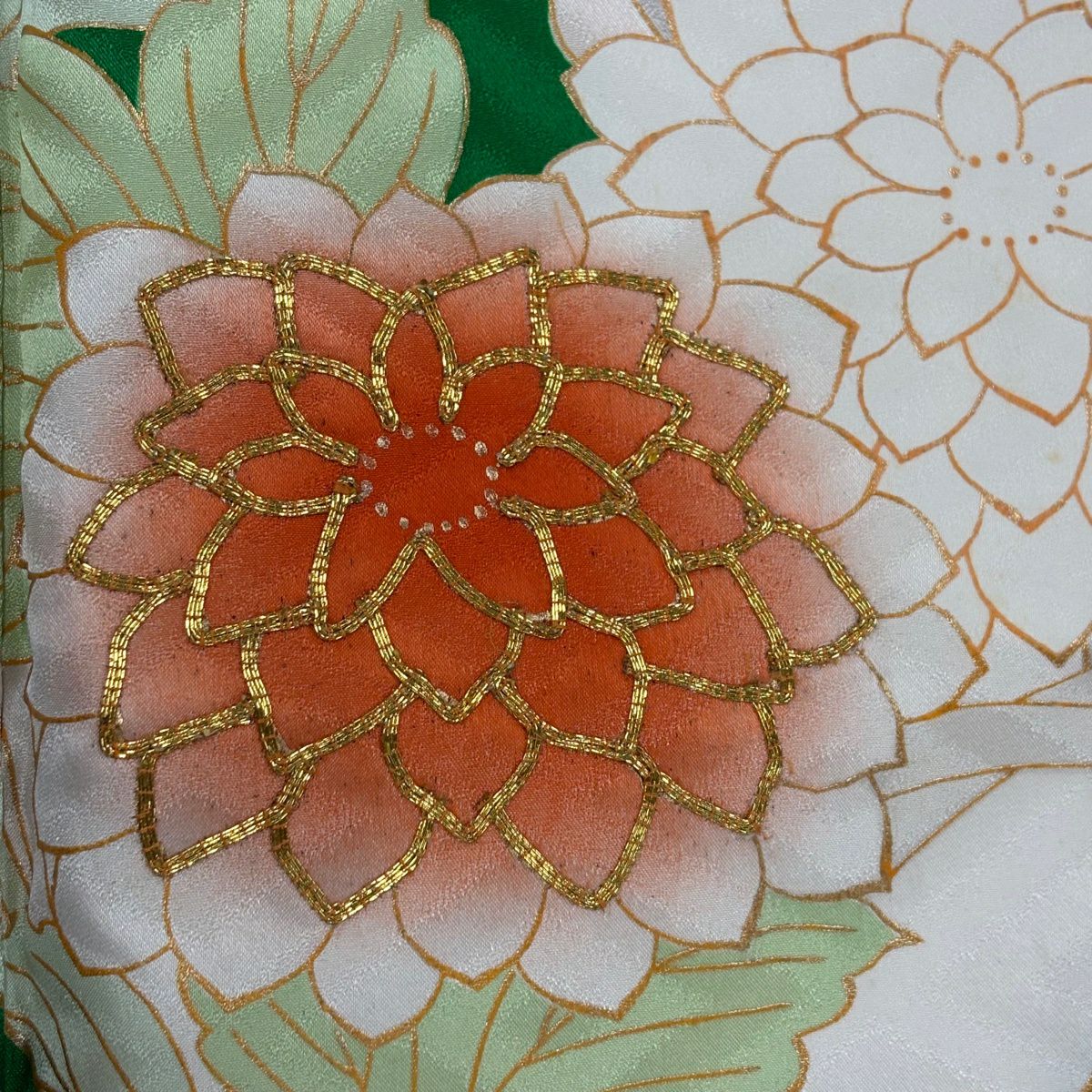 振袖禮服 身長155cm 袖長63.5cm S 雙層 菊花 枝梅花 金絲 金銀彩 奶油色 純蠶絲 優品級