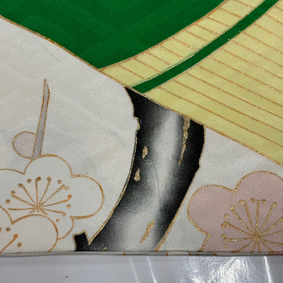 振袖禮服 身長155cm 袖長63.5cm S 雙層 菊花 枝梅花 金絲 金銀彩 奶油色 純蠶絲 優品級