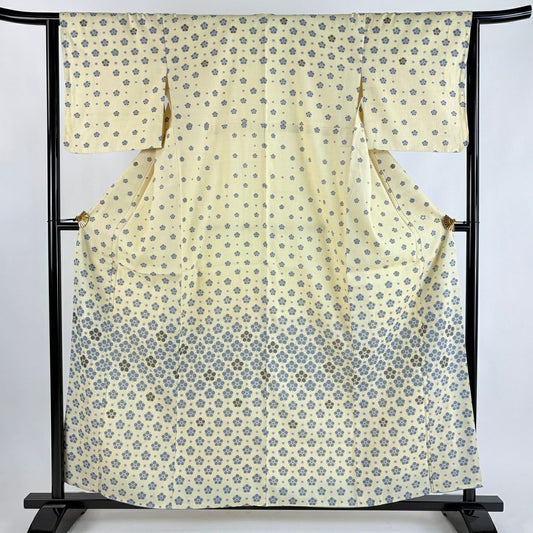 付下 身長159.5cm 袖長63cm S 雙層 紬織織 梅花 花色 淡米色 純蠶絲 優品級