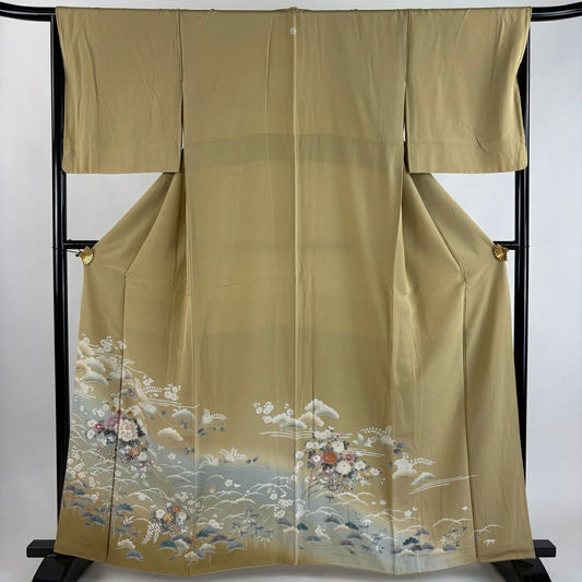 留袖禮服禮服 身長162cm 袖長65cm M 雙層 花車 松樹竹子梅花 金絲 金銀彩 淺黃土 純蠶絲 優品級 一個紋