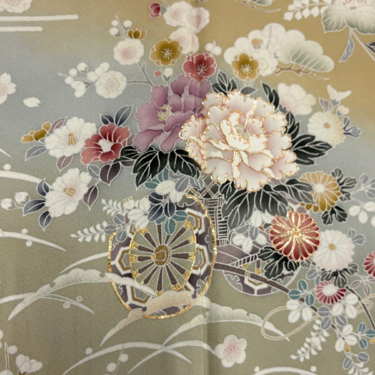 留袖禮服禮服 身長162cm 袖長65cm M 雙層 花車 松樹竹子梅花 金絲 金銀彩 淺黃土 純蠶絲 優品級 一個紋