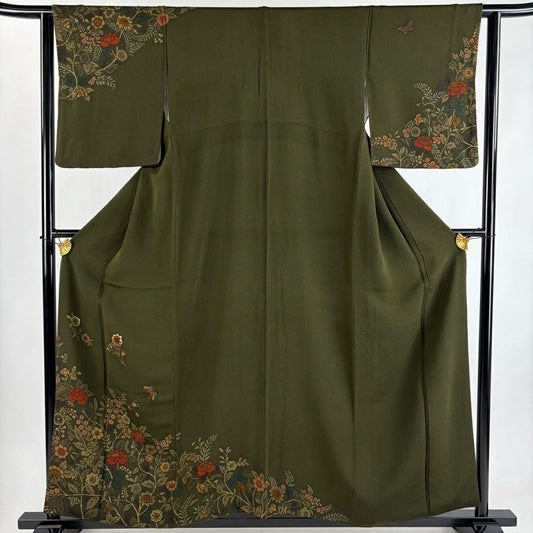 訪問服 身長157.5cm 袖長62cm S 雙層 草花紋紋 刺繡 縮緬 茶綠 純蠶絲 秀品級