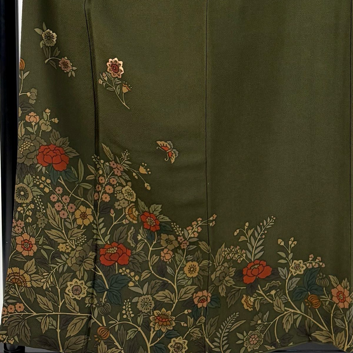 訪問服 身長157.5cm 袖長62cm S 雙層 草花紋紋 刺繡 縮緬 茶綠 純蠶絲 秀品級