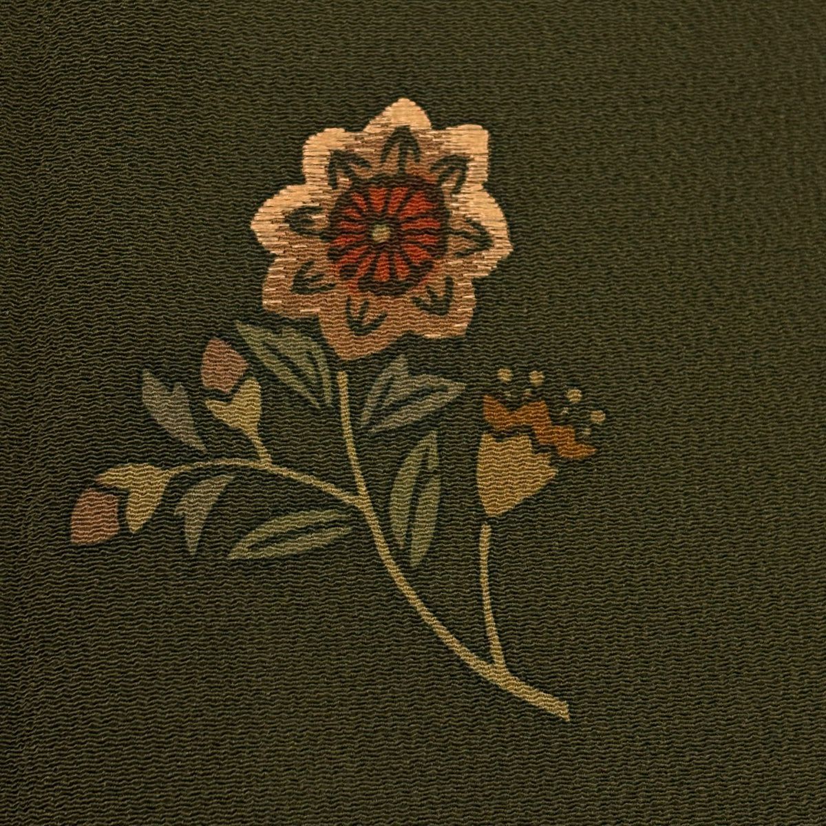 訪問服 身長157.5cm 袖長62cm S 雙層 草花紋紋 刺繡 縮緬 茶綠 純蠶絲 秀品級