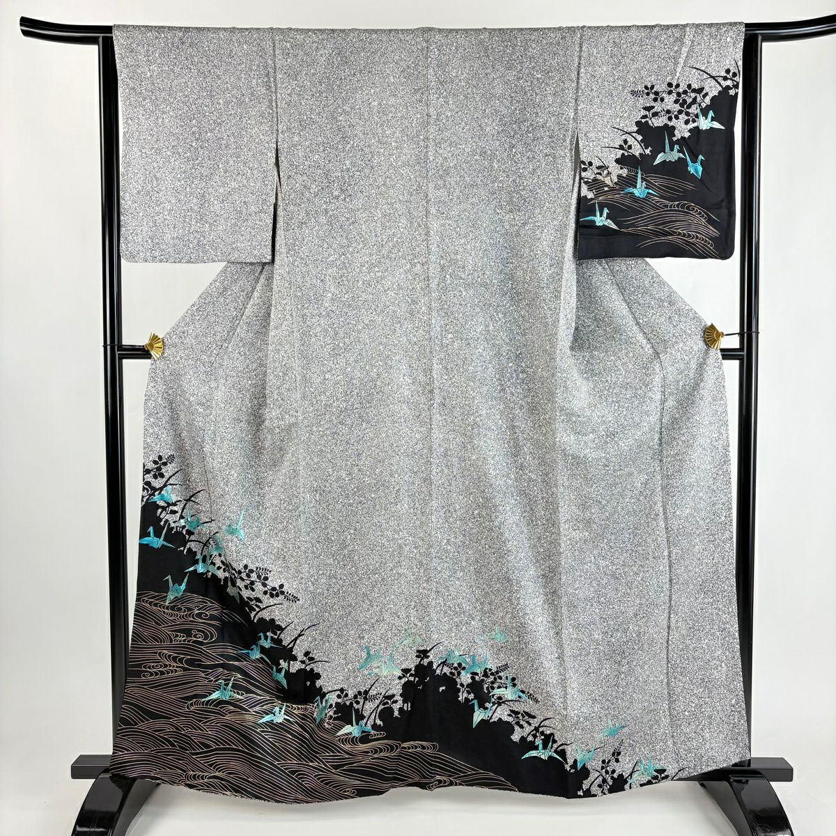 付下 身長163cm 袖長63cm S 雙層 折仙鶴 波 金銀彩 染分 灰色 純蠶絲 秀品級