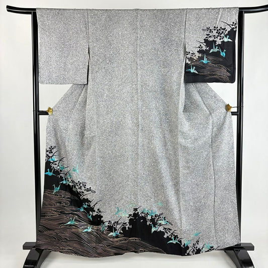 付下 身長163cm 袖長63cm S 雙層 折仙鶴 波 金銀彩 染分 灰色 純蠶絲 秀品級