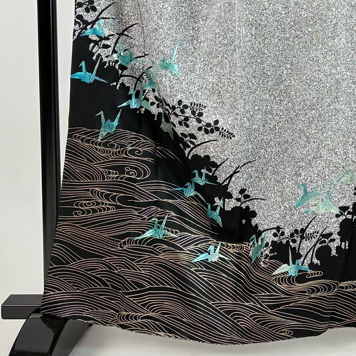 付下 身長163cm 袖長63cm S 雙層 折仙鶴 波 金銀彩 染分 灰色 純蠶絲 秀品級