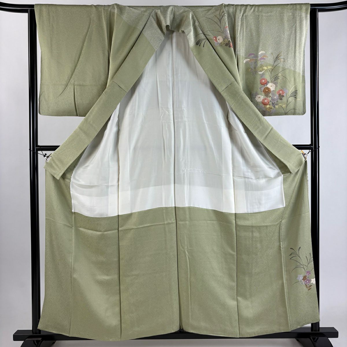 訪問服 身長159cm 袖長63cm S 雙層 秋草 金銀彩 漸層 淺綠 純蠶絲 優品級