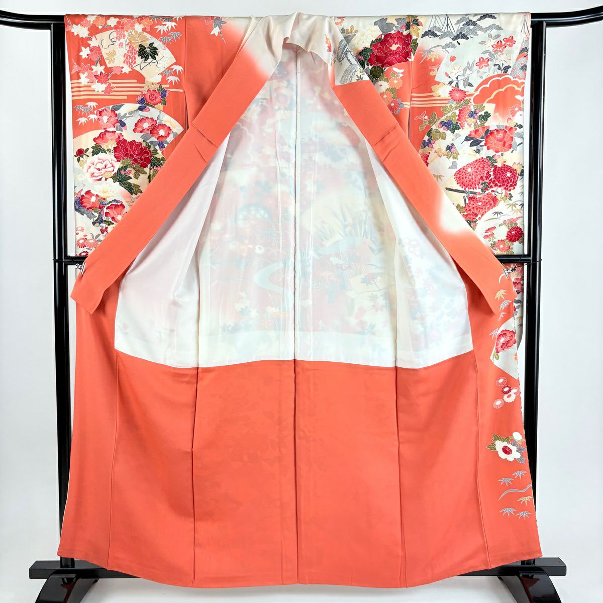 振袖禮服 身長160cm 袖長63cm S 雙層 扇子面 草花紋紋 漸層 淡奶油色 純蠶絲 優品級