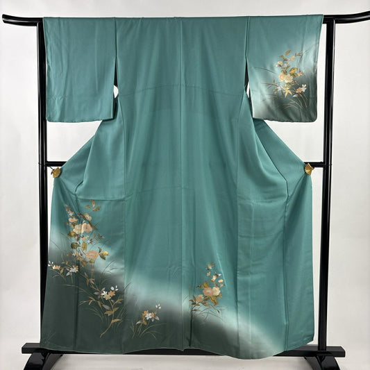 付下 身長159cm 袖長63.5cm S 雙層 草花紋紋 螺鈿 金彩裝飾 青綠 純蠶絲 秀品級