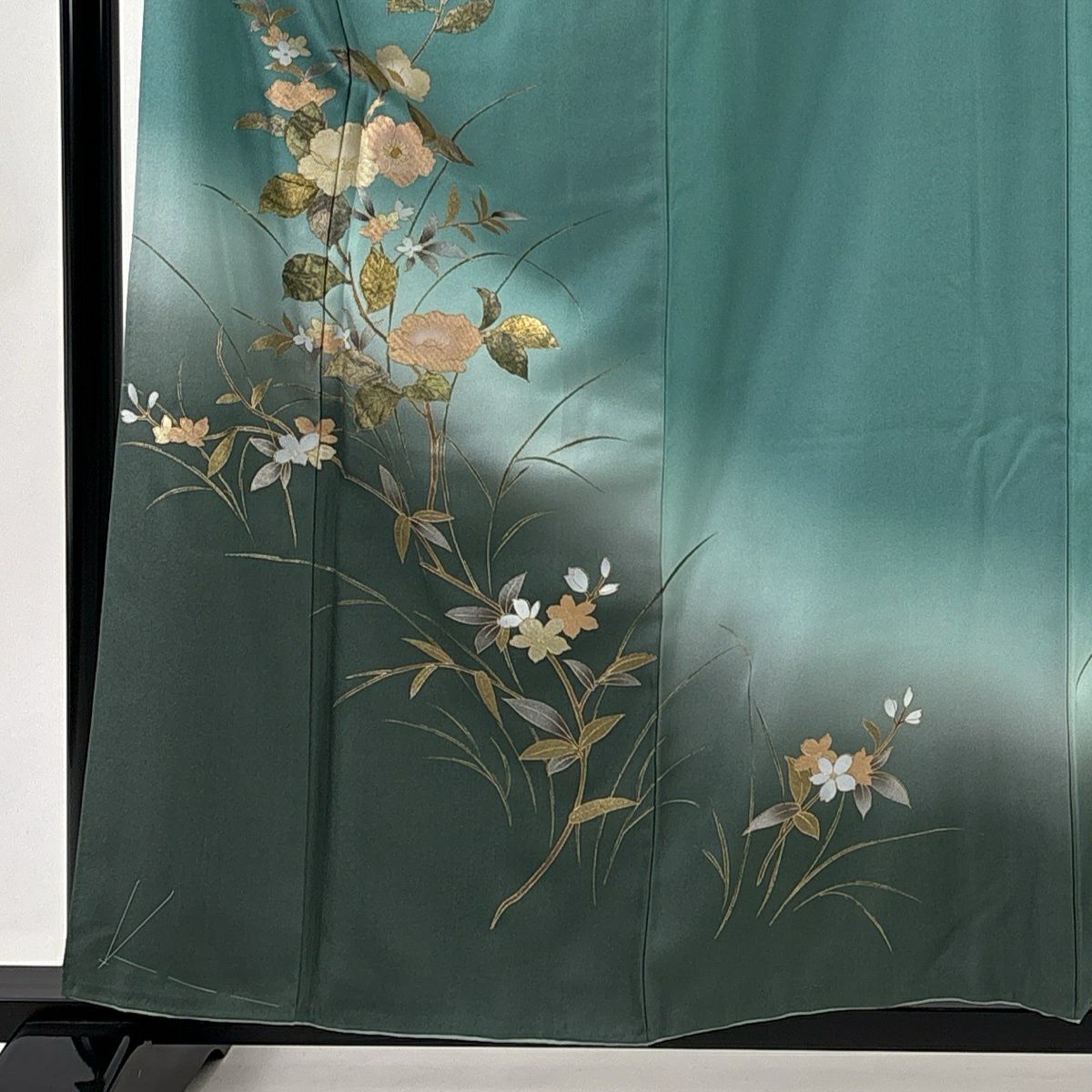 付下 身長159cm 袖長63.5cm S 雙層 草花紋紋 螺鈿 金彩裝飾 青綠 純蠶絲 秀品級