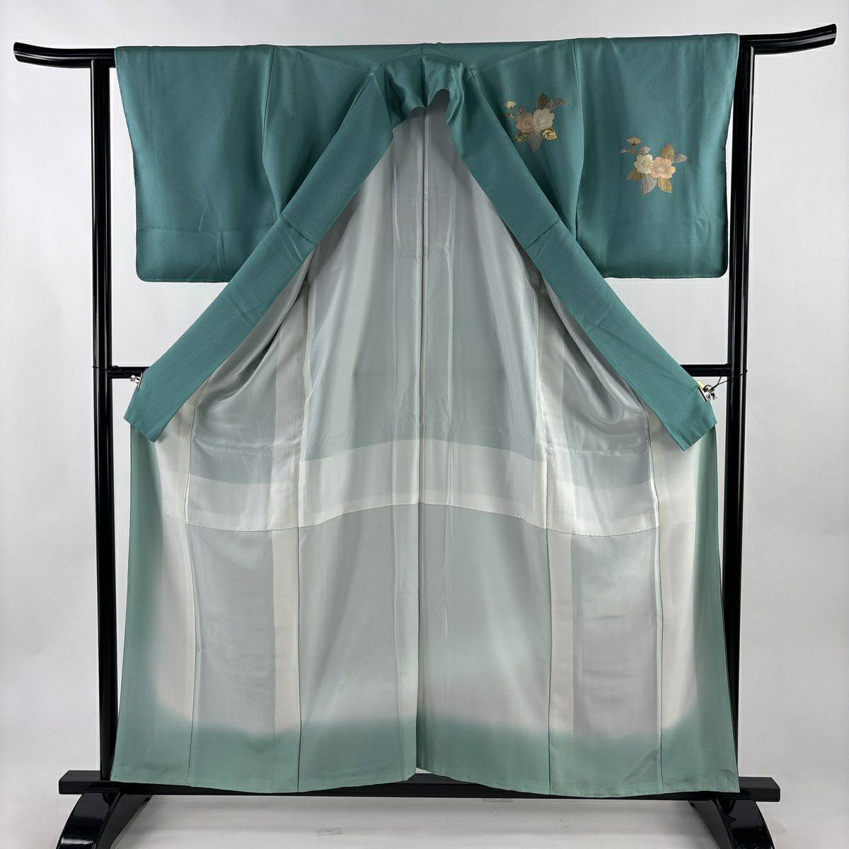 付下 身長159cm 袖長63.5cm S 雙層 草花紋紋 螺鈿 金彩裝飾 青綠 純蠶絲 秀品級