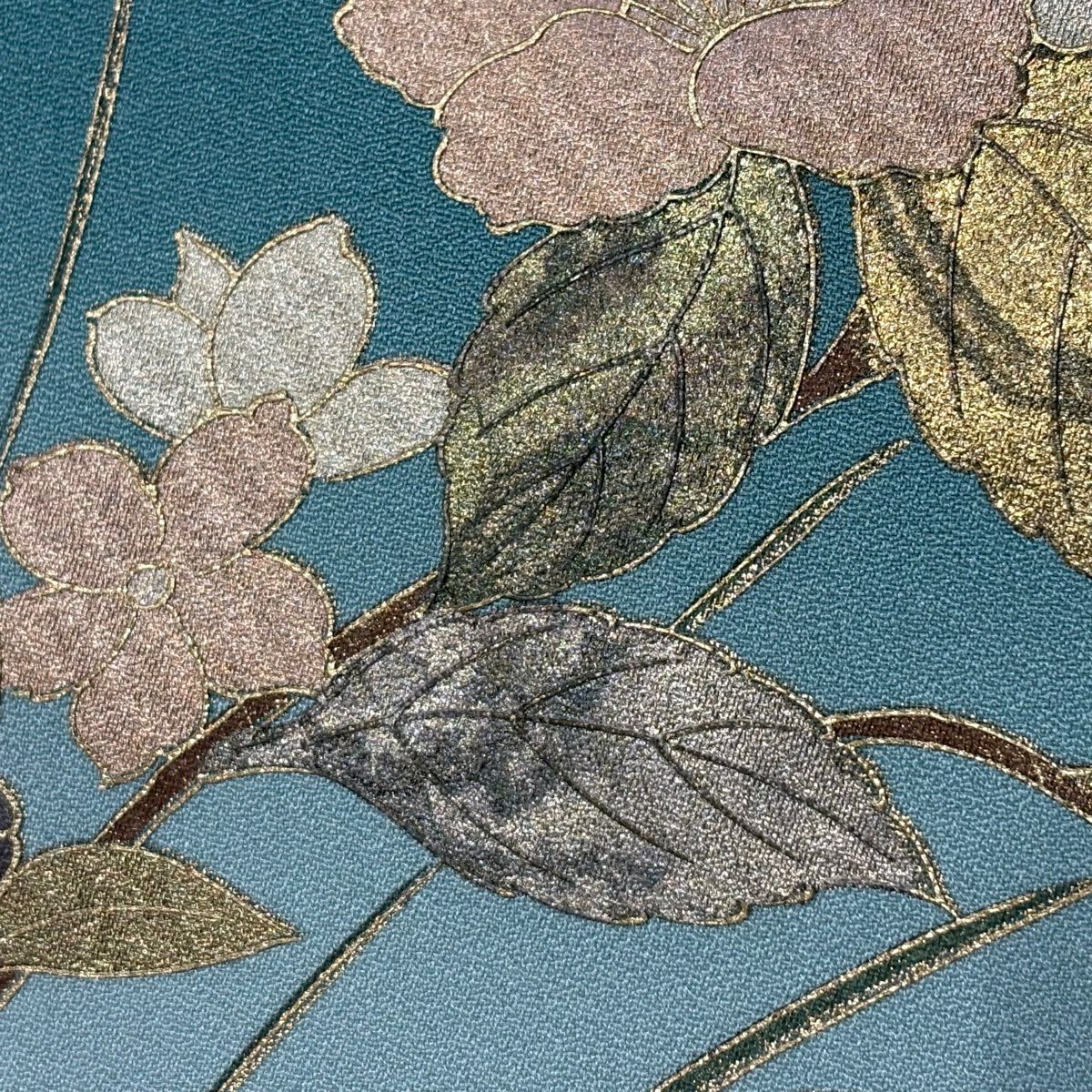 付下 身長159cm 袖長63.5cm S 雙層 草花紋紋 螺鈿 金彩裝飾 青綠 純蠶絲 秀品級