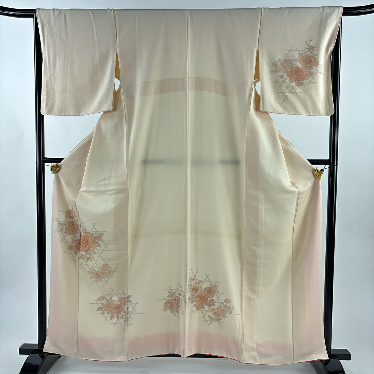 【美品】 付下 身長161cm 袖長66cm M 雙層 牡丹 櫻花 刺繡 淺橙 純蠶絲 秀品級
