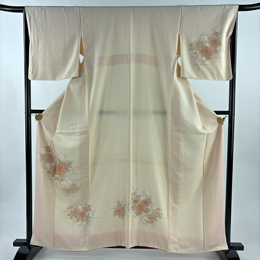 【美品】 付下 身長161cm 袖長66cm M 雙層 牡丹 櫻花 刺繡 淺橙 純蠶絲 秀品級
