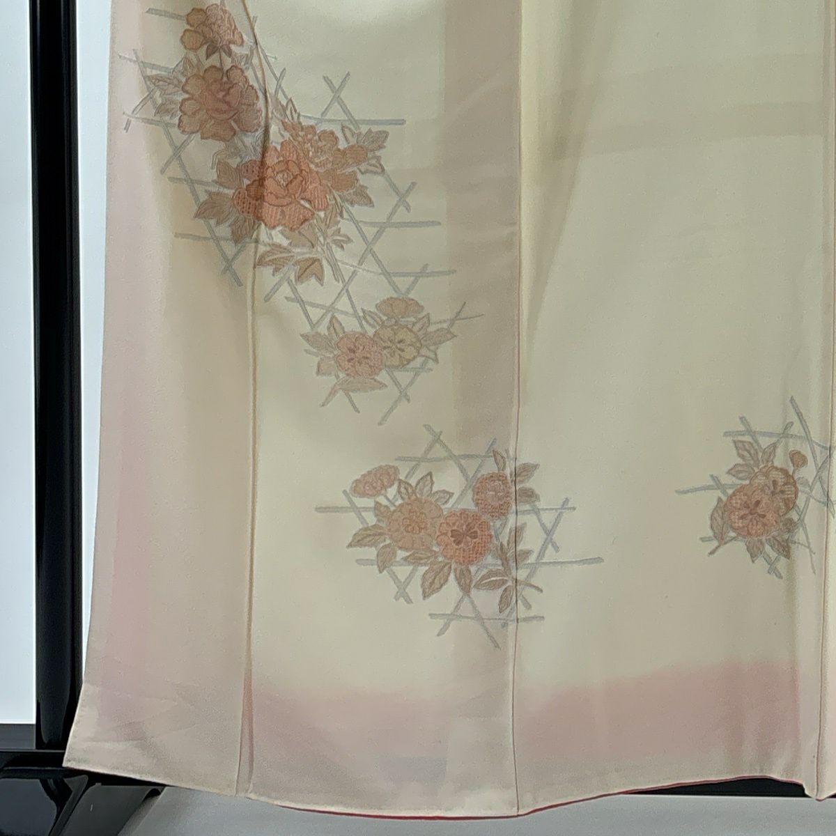 【美品】 付下 身長161cm 袖長66cm M 雙層 牡丹 櫻花 刺繡 淺橙 純蠶絲 秀品級