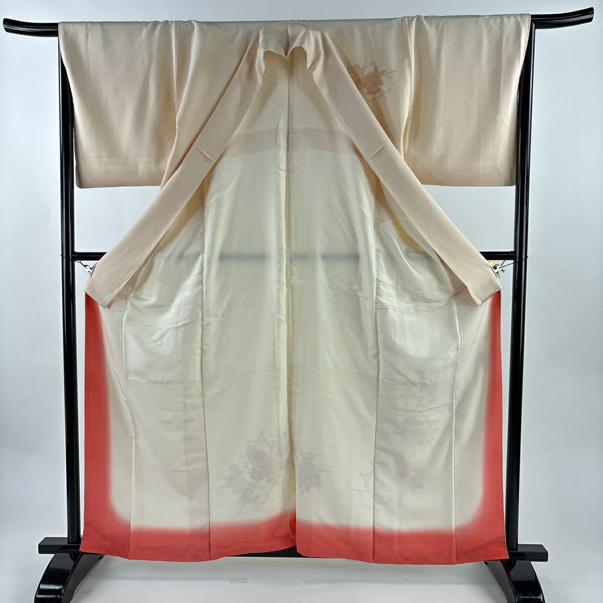 【美品】 付下 身長161cm 袖長66cm M 雙層 牡丹 櫻花 刺繡 淺橙 純蠶絲 秀品級