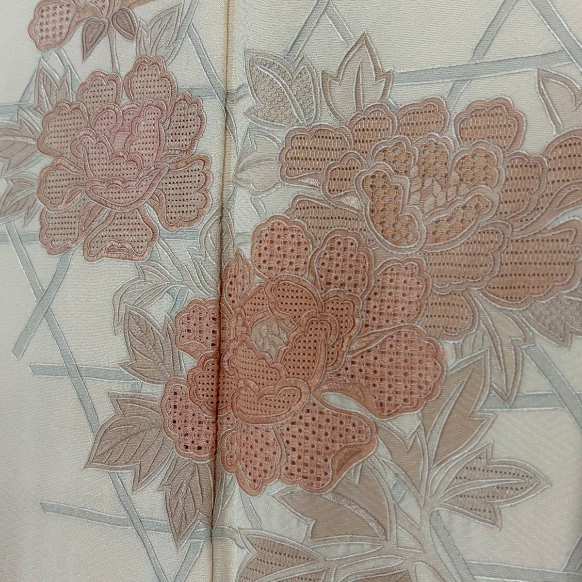 【美品】 付下 身長161cm 袖長66cm M 雙層 牡丹 櫻花 刺繡 淺橙 純蠶絲 秀品級