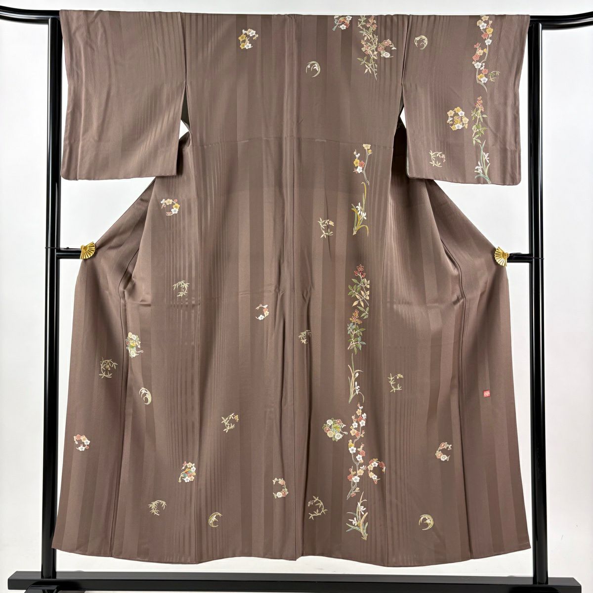 【美品】 付下 身長151cm 袖長63.5cm S 雙層 落款 花丸紋 貝桶 灰茶 純蠶絲 秀品級