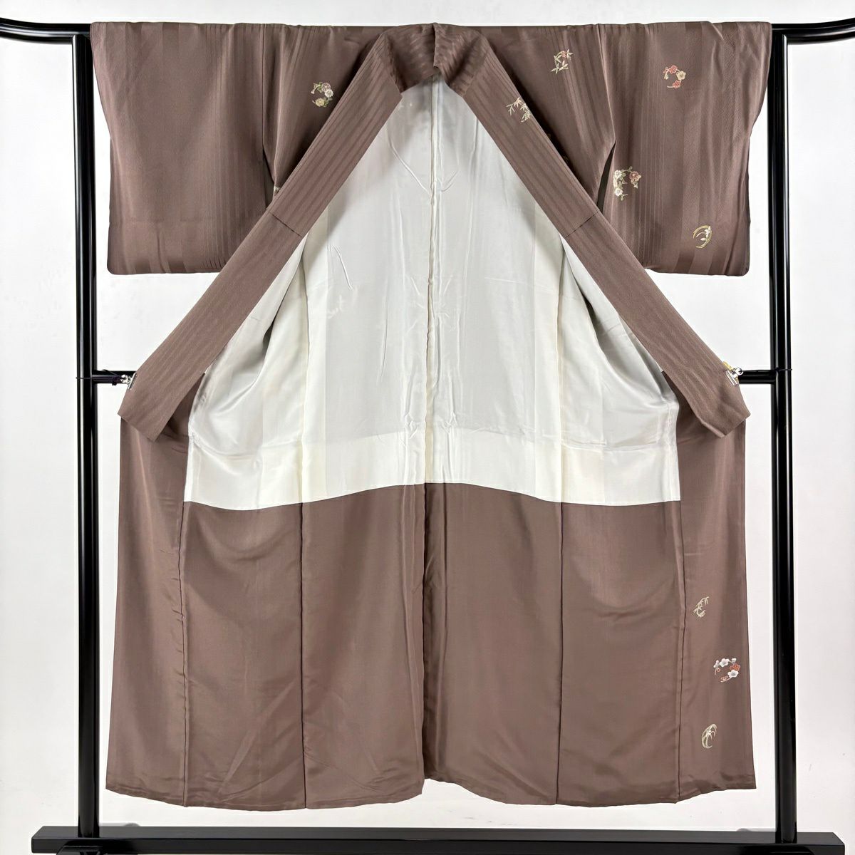 【美品】 付下 身長151cm 袖長63.5cm S 雙層 落款 花丸紋 貝桶 灰茶 純蠶絲 秀品級