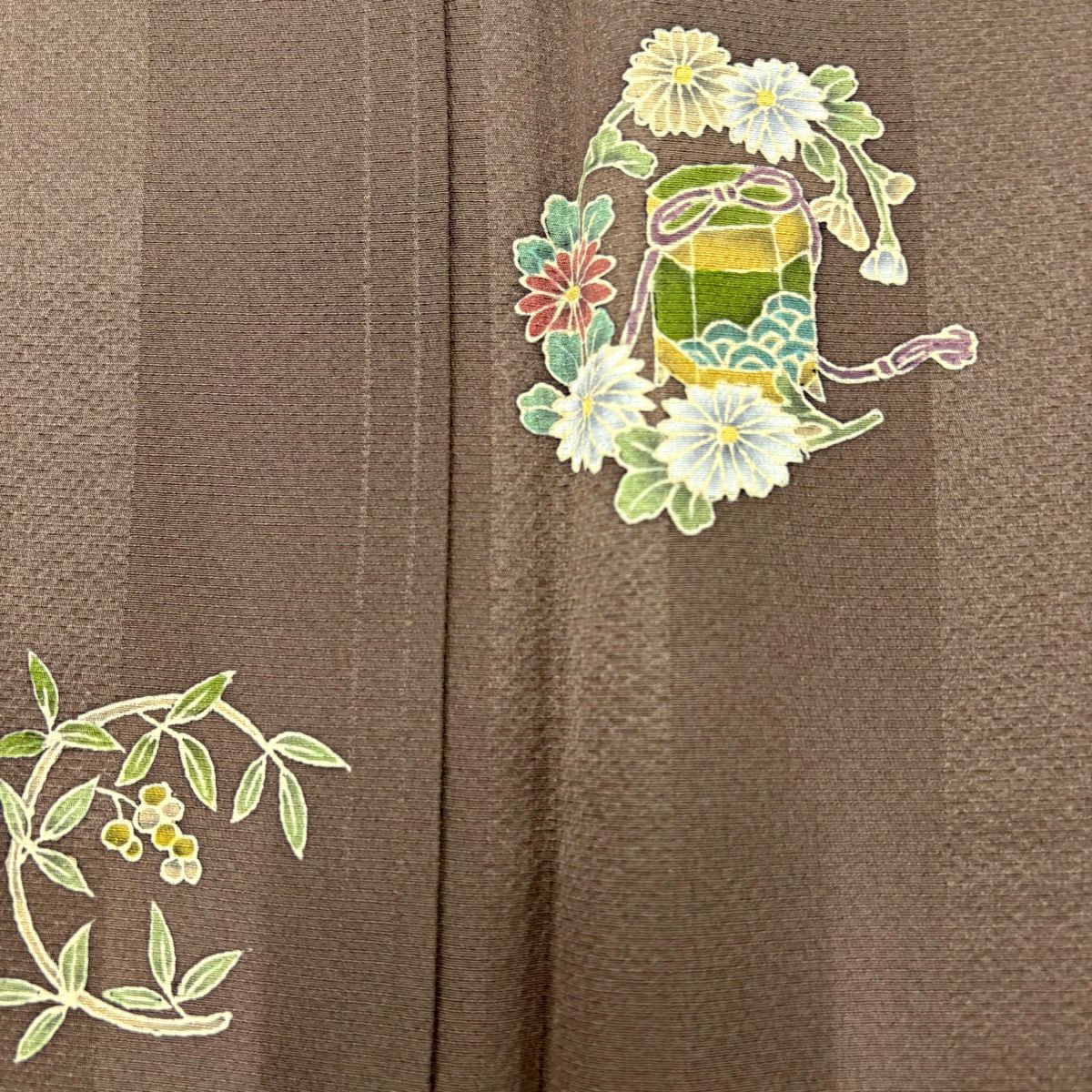 【美品】 付下 身長151cm 袖長63.5cm S 雙層 落款 花丸紋 貝桶 灰茶 純蠶絲 秀品級
