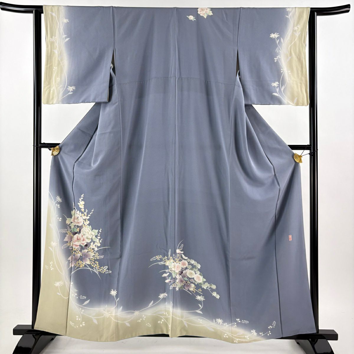 訪問服 身長159.5cm 袖長62.5cm S 雙層 落款有 草花紋紋 漸層 青灰 純蠶絲 優品級
