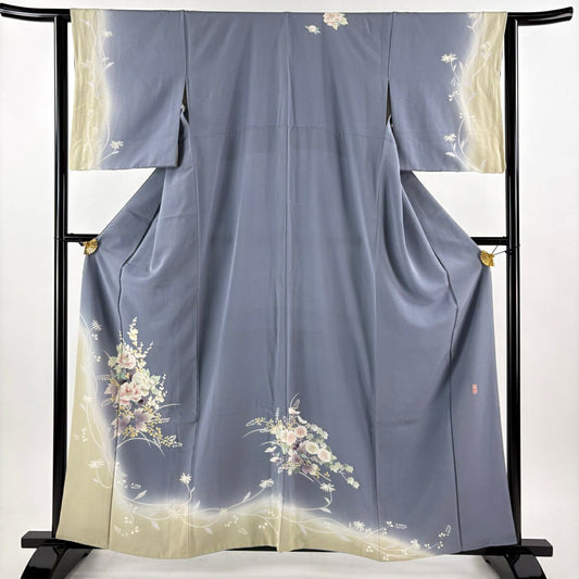 訪問服 身長159.5cm 袖長62.5cm S 雙層 落款有 草花紋紋 漸層 青灰 純蠶絲 優品級