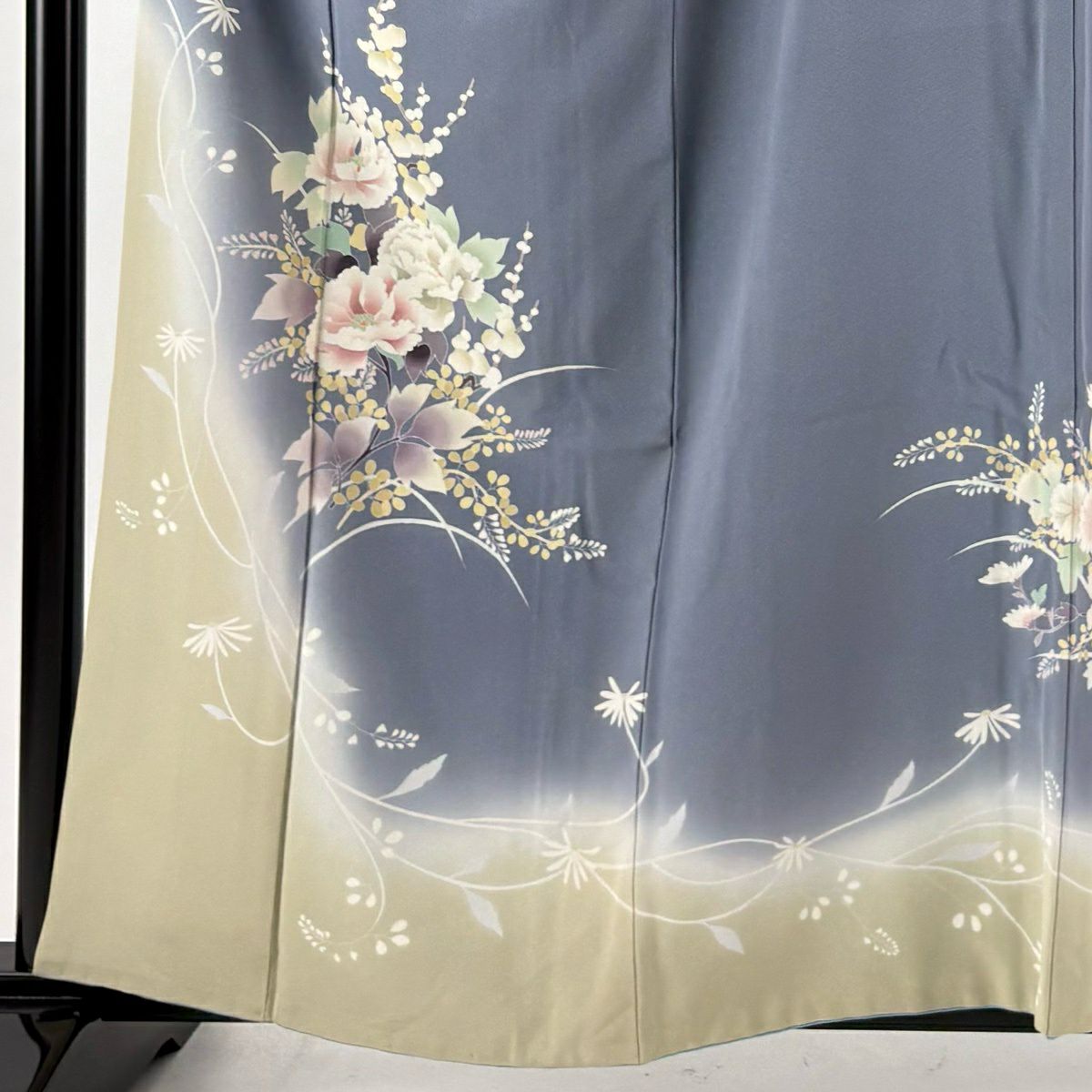 訪問服 身長159.5cm 袖長62.5cm S 雙層 落款有 草花紋紋 漸層 青灰 純蠶絲 優品級