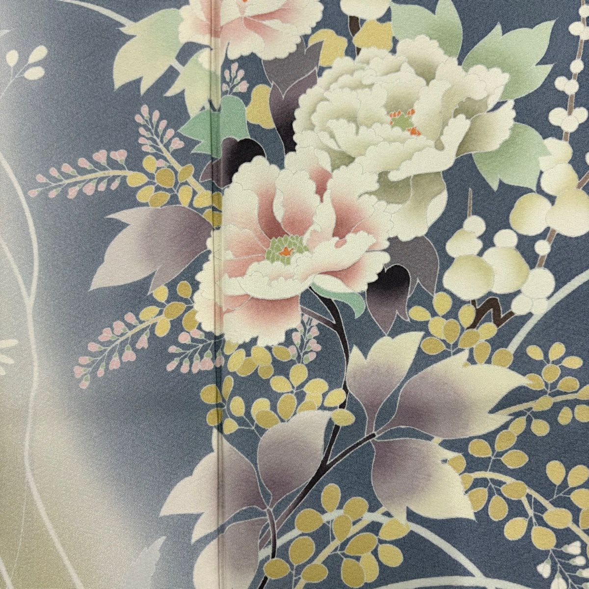 訪問服 身長159.5cm 袖長62.5cm S 雙層 落款有 草花紋紋 漸層 青灰 純蠶絲 優品級