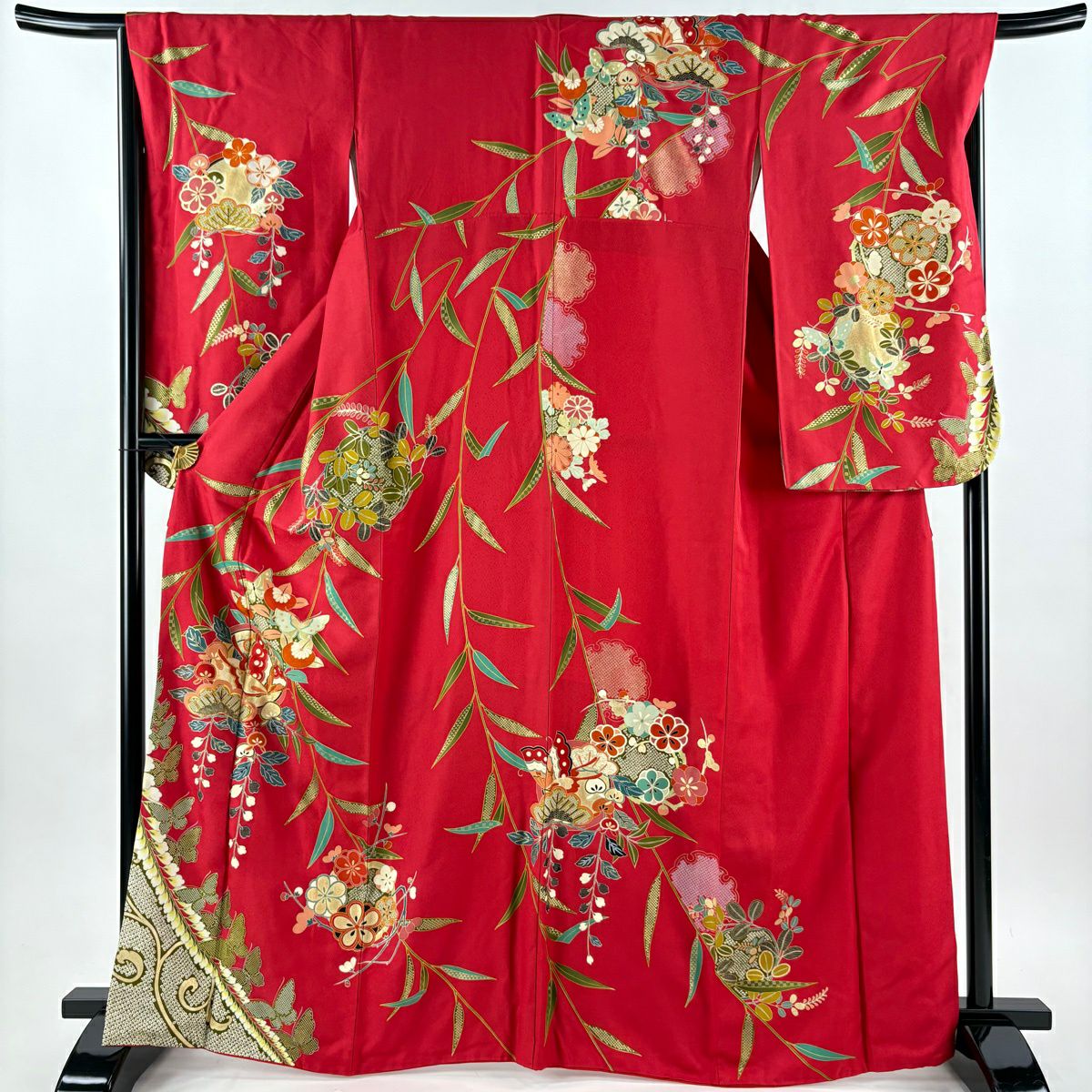 振袖禮服 身長166cm 袖長67.5cm L 雙層 二尺袖 蝶 橘 金絲 金銀彩 紅 純蠶絲 秀品級