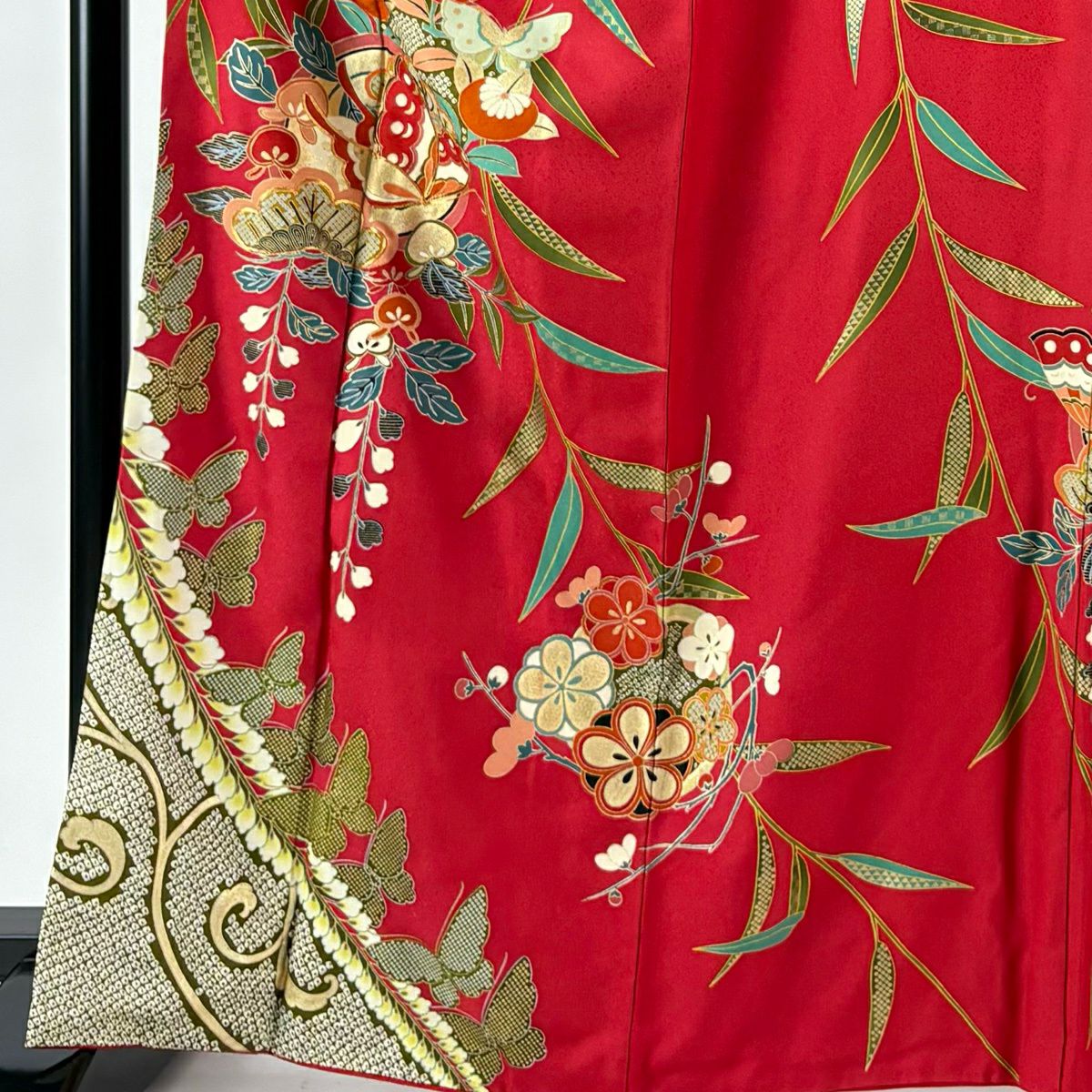 振袖禮服 身長166cm 袖長67.5cm L 雙層 二尺袖 蝶 橘 金絲 金銀彩 紅 純蠶絲 秀品級