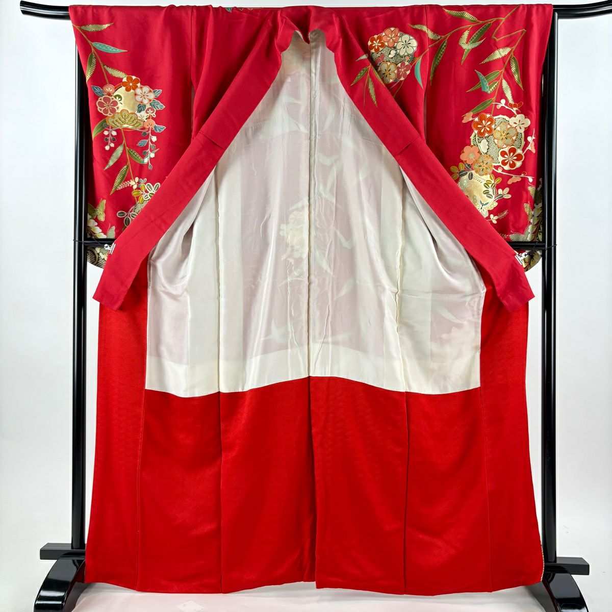 振袖禮服 身長166cm 袖長67.5cm L 雙層 二尺袖 蝶 橘 金絲 金銀彩 紅 純蠶絲 秀品級