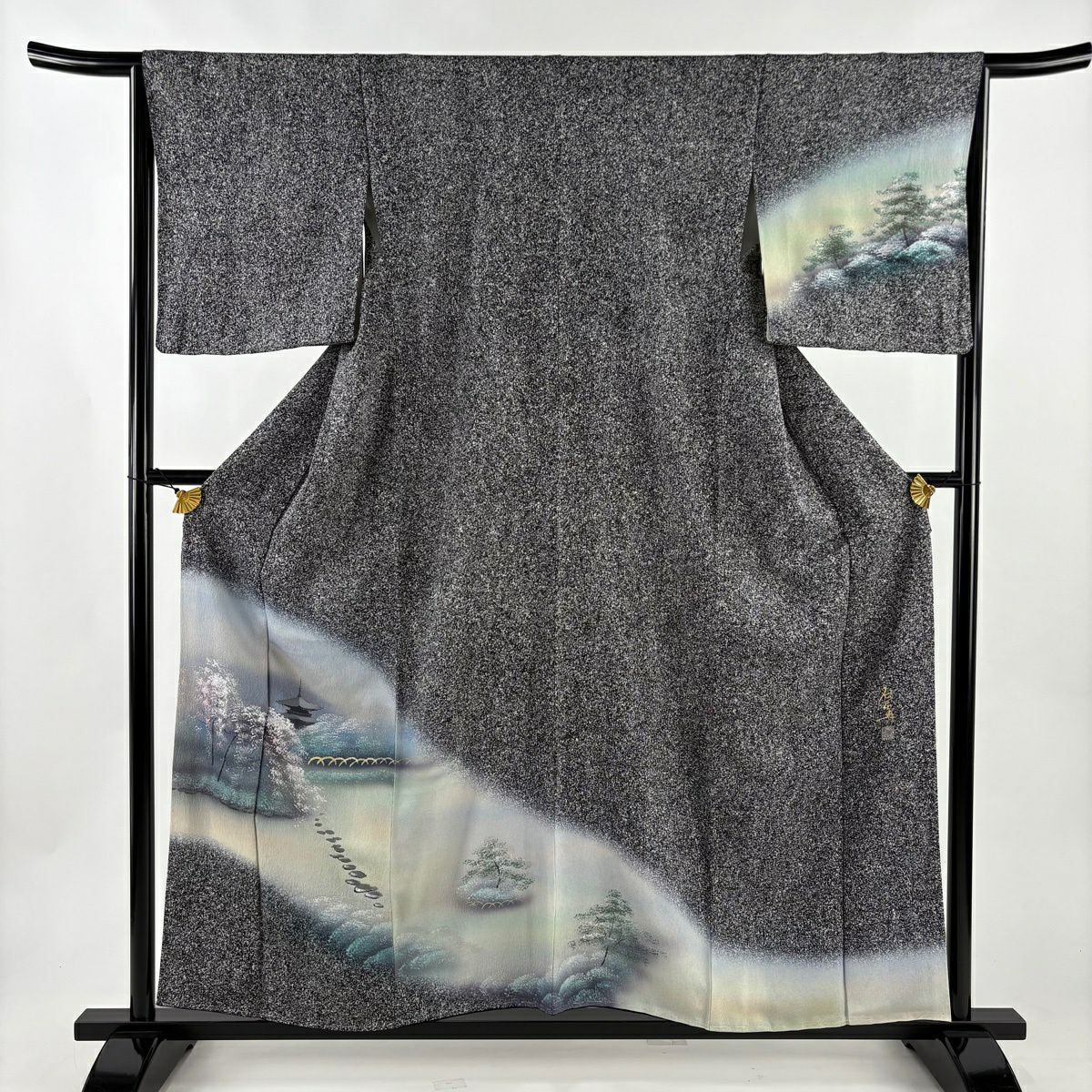 【美品】 付下 身長157.5cm 袖長65.5cm M 雙層 落款あり 風景 建物 金銀彩 漸層 黑灰 純蠶絲 秀品級