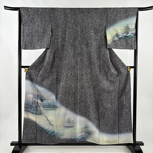 【美品】 付下 身長157.5cm 袖長65.5cm M 雙層 落款あり 風景 建物 金銀彩 漸層 黑灰 純蠶絲 秀品級