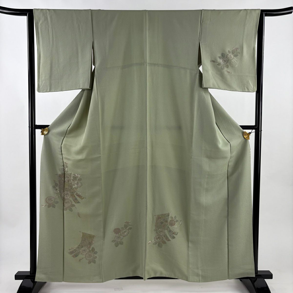 付下 身長161cm 袖長63.5cm S 雙層 幾帳 菊花花刺繡 淺綠 純蠶絲 優品級