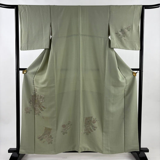 付下 身長161cm 袖長63.5cm S 雙層 幾帳 菊花花刺繡 淺綠 純蠶絲 優品級