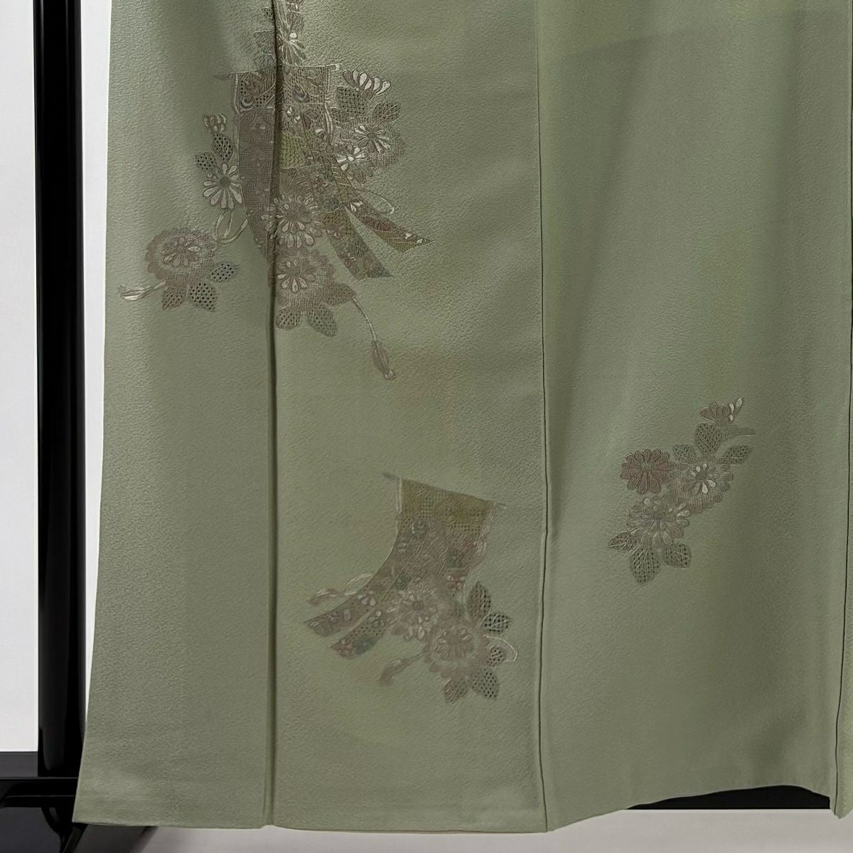 付下 身長161cm 袖長63.5cm S 雙層 幾帳 菊花花刺繡 淺綠 純蠶絲 優品級