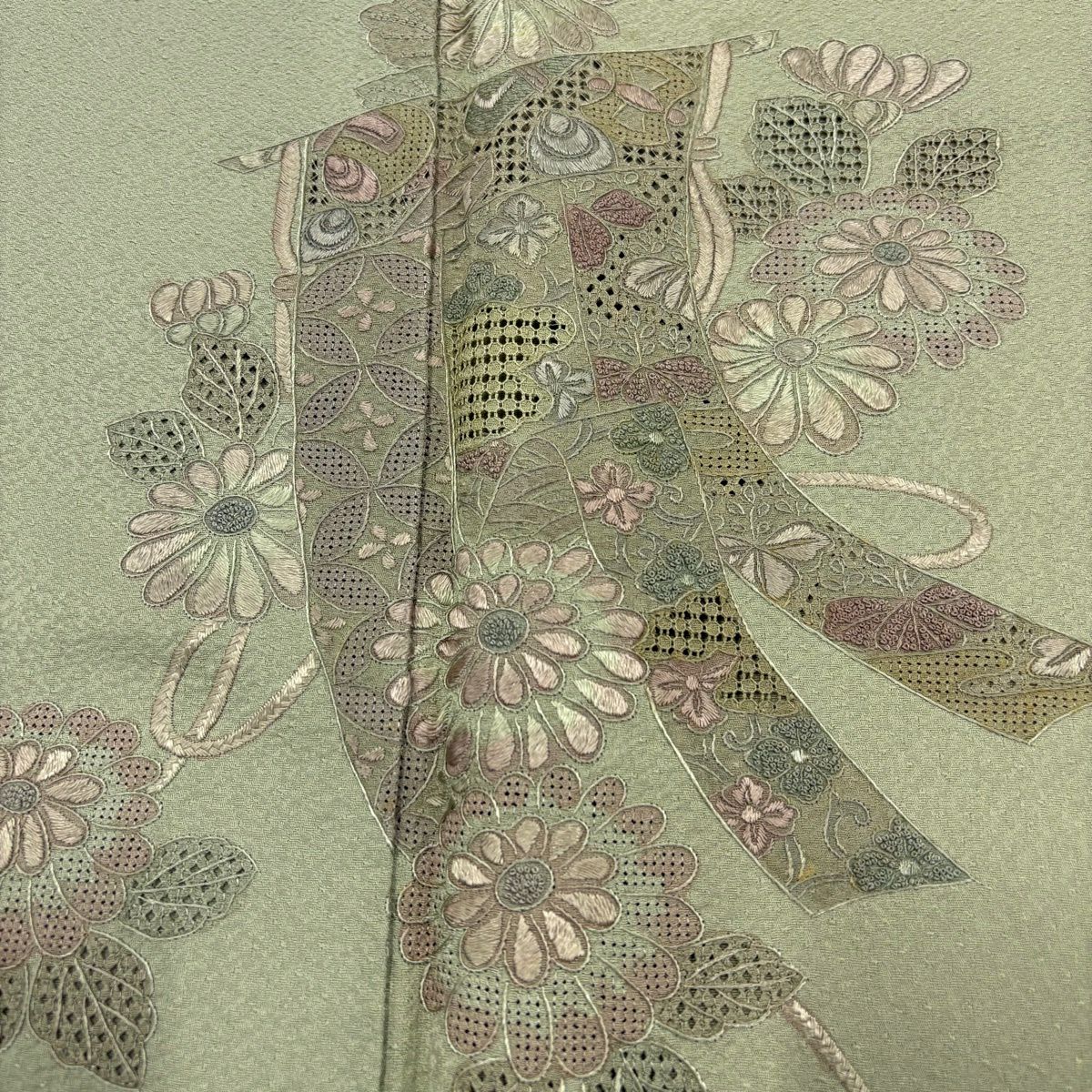 付下 身長161cm 袖長63.5cm S 雙層 幾帳 菊花花刺繡 淺綠 純蠶絲 優品級
