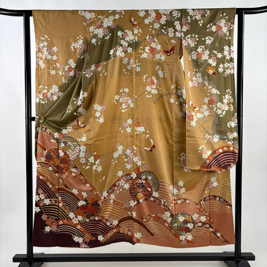 振袖禮服 身長151cm 袖長62cm S 雙層 雪輪 櫻花 金絲 金銀彩 茶綠 純蠶絲 秀品級