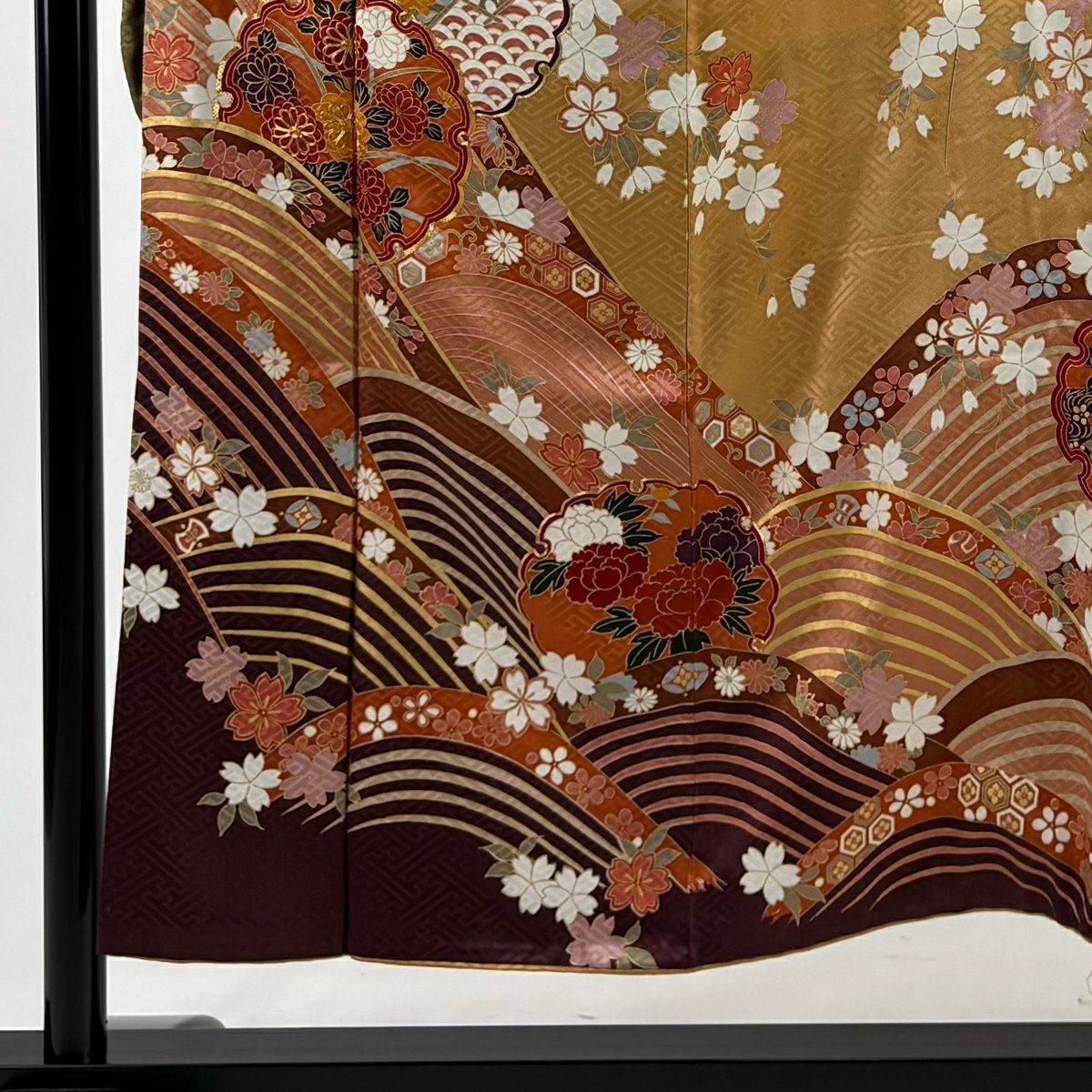振袖禮服 身長151cm 袖長62cm S 雙層 雪輪 櫻花 金絲 金銀彩 茶綠 純蠶絲 秀品級