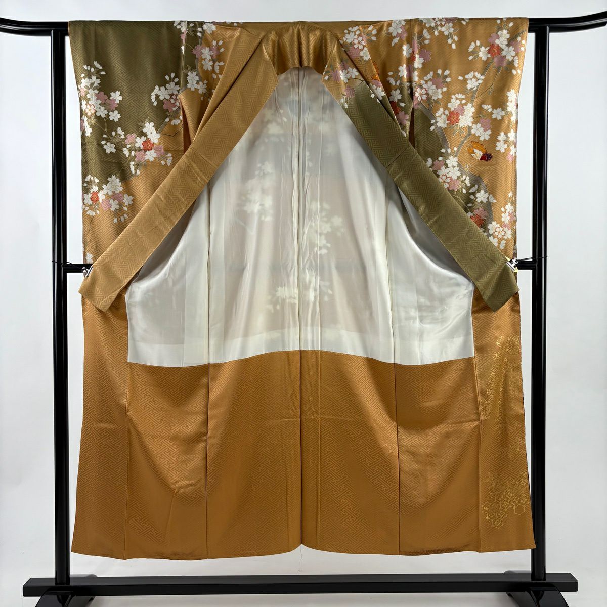 振袖禮服 身長151cm 袖長62cm S 雙層 雪輪 櫻花 金絲 金銀彩 茶綠 純蠶絲 秀品級