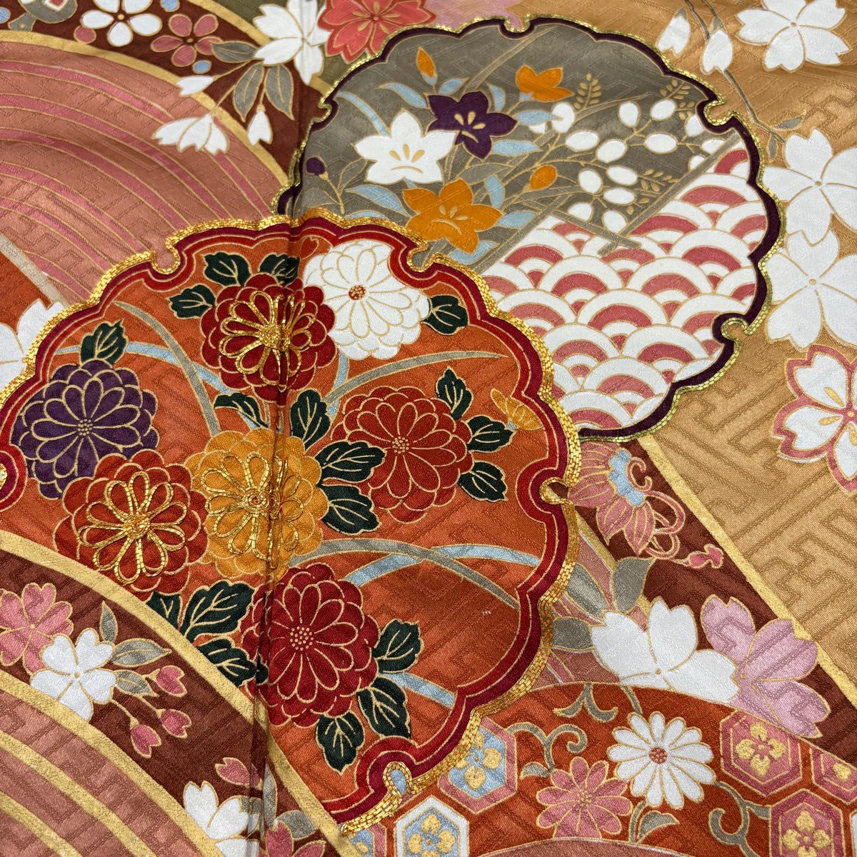 振袖禮服 身長151cm 袖長62cm S 雙層 雪輪 櫻花 金絲 金銀彩 茶綠 純蠶絲 秀品級