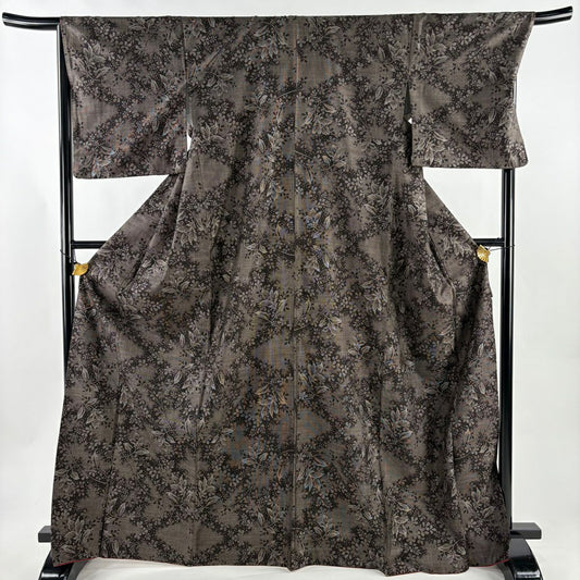 【美品】 紬織 身長170cm 袖長68.5cm L 雙層 花唐草紋 焦茶 純蠶絲 秀品級